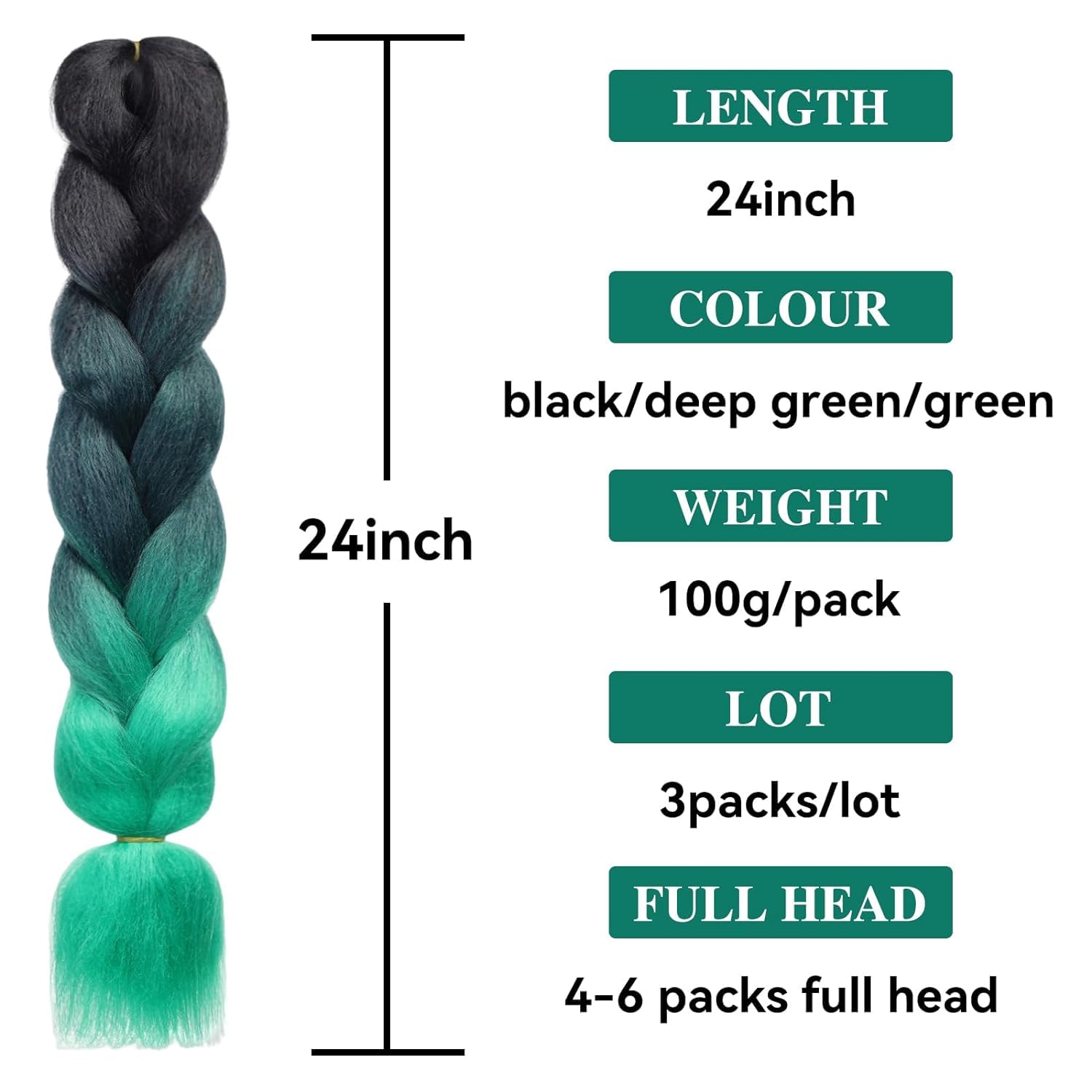 Ombre Braiding Hair Extensions3 Packs 24 Inch Afro Braiding Hair Extensions for Twist Jumbo Box Braiding Synthetic Hair for Women Braiding (Gradient Green/C8) - Image 2
