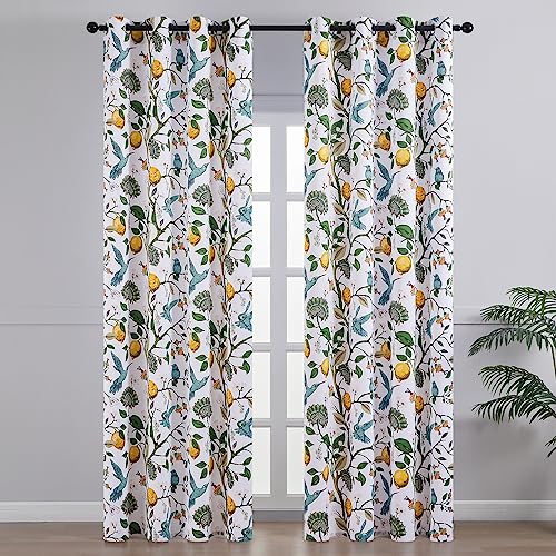 Image of Topfinel 102 Inches Long White Luxury Curtains for Living Room Bedroom, Blackout Vintage Art Deco Victorian Curtains Floral Lemon Hummingbird Printed Grommet Drape 102 Inch Length