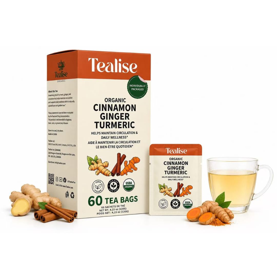 Tealise Organic Cinnamon Ginger Turmeric Tea – USDA Organic – Caffeine Free – 60 Individually Wrapped Tea Bagss (C3-4HKJ-2HU8)