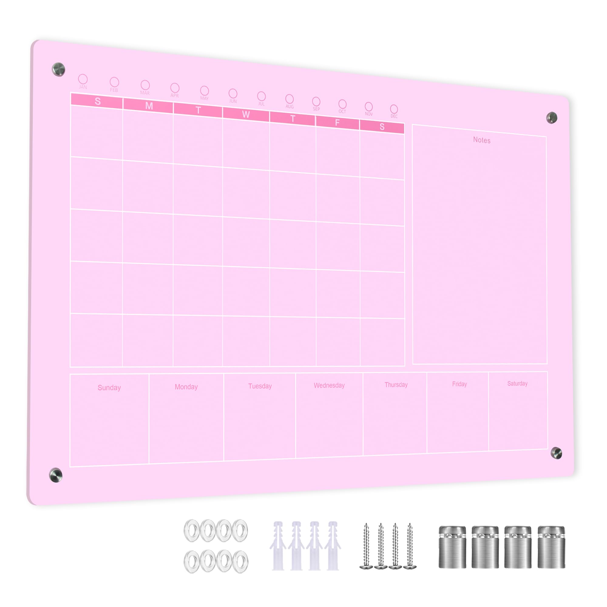 Marribol Large Acrylic Calendar for Wall,24"X16",Acrylic Dry Erase Calendar for Wall,Pink Dry Erase Board for Home/Office