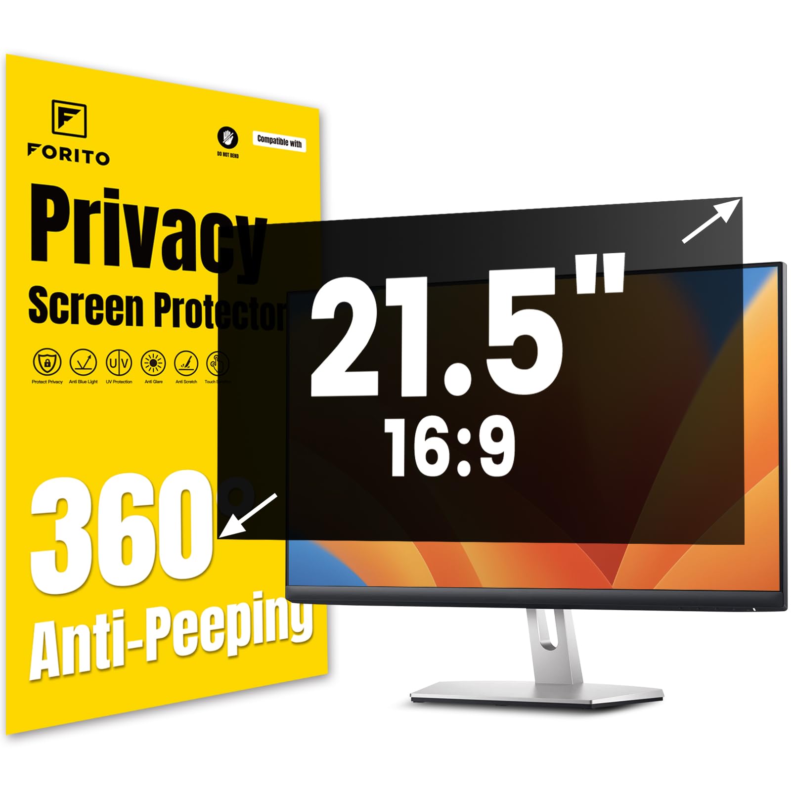 F FORITO 21.5 Inch 16:9 360°Privacy Screen Protector for Computer Monitor, Removable Eye Protection Anti Blue Light Anti Glare Computer Screen Privacy Shield for 21.5" Widescreen Monitors
