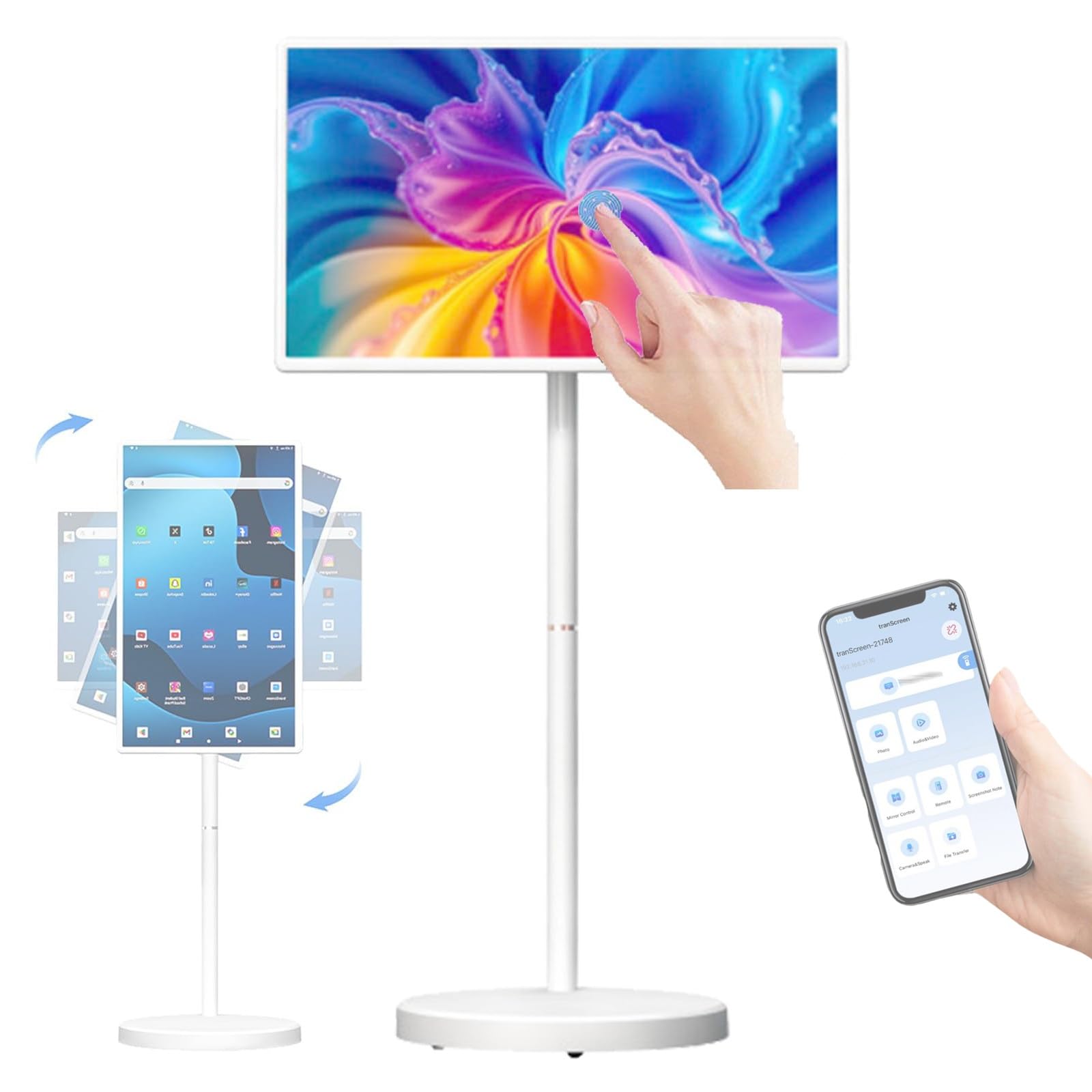 Schermo Smart TV Portatile Da 32'' (6+128 GB) Con Telecomando, Supporto TV Mobile Android 15.0, TV Mobile Wireless Su Ruote, Batteria Integrata, Rotazione Completa