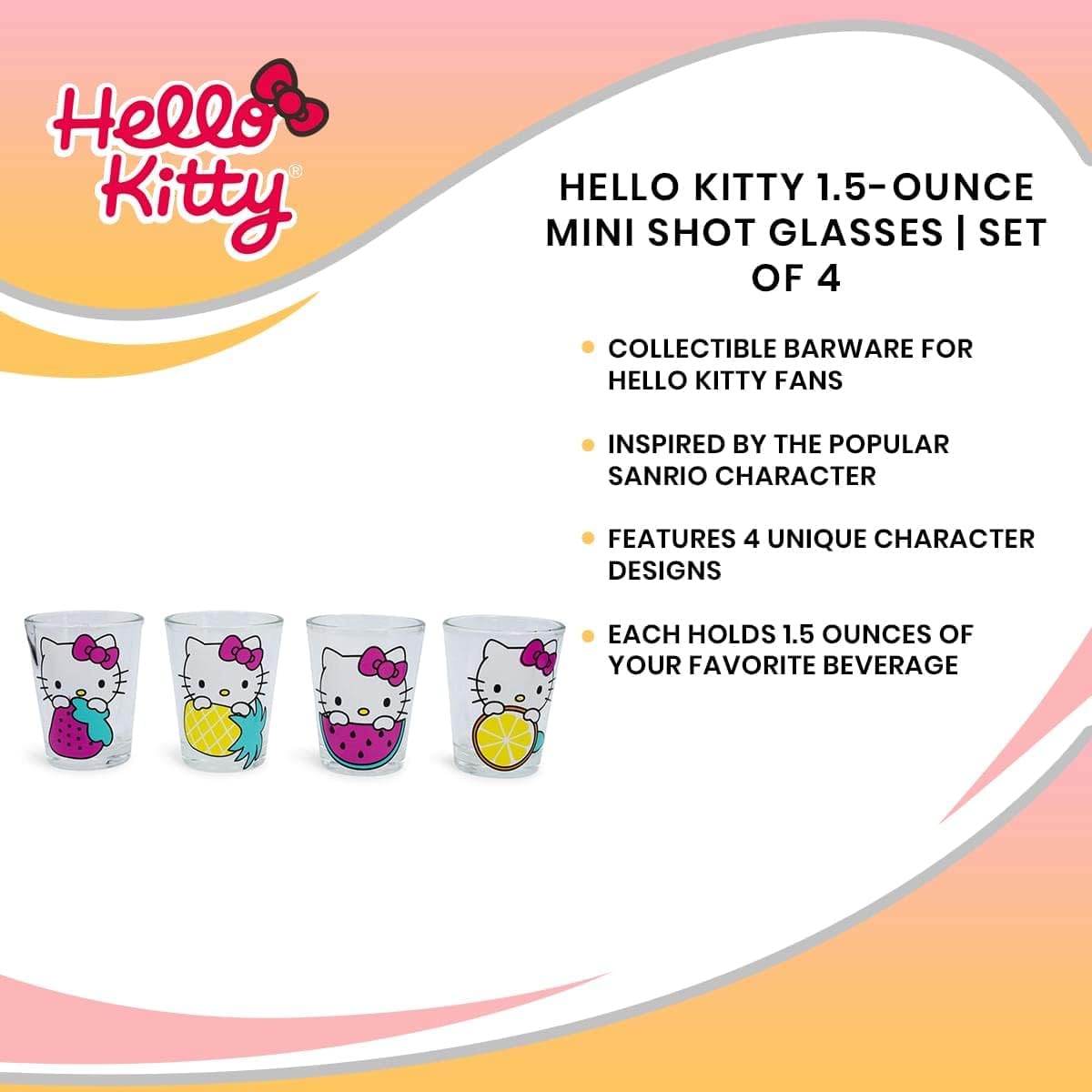 Silver Buffalo Sanrio Hello Kitty Fruit Strawberry, Pineapple, Watermelon, and Lemon 4 Pack Mini Glass Set, 1.5 Ounces - Image 8