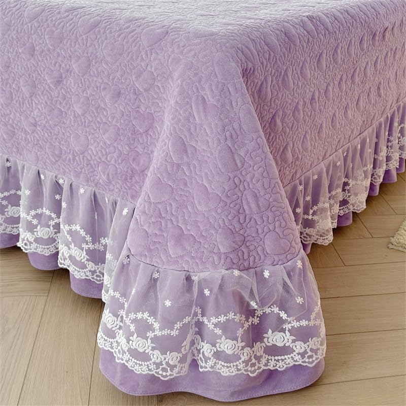 Miniatura 4 de Colcha de forro polar de terciopelo con volantes de encaje ligero acolchado con corazón, solo para cama de invierno, Queen, lila