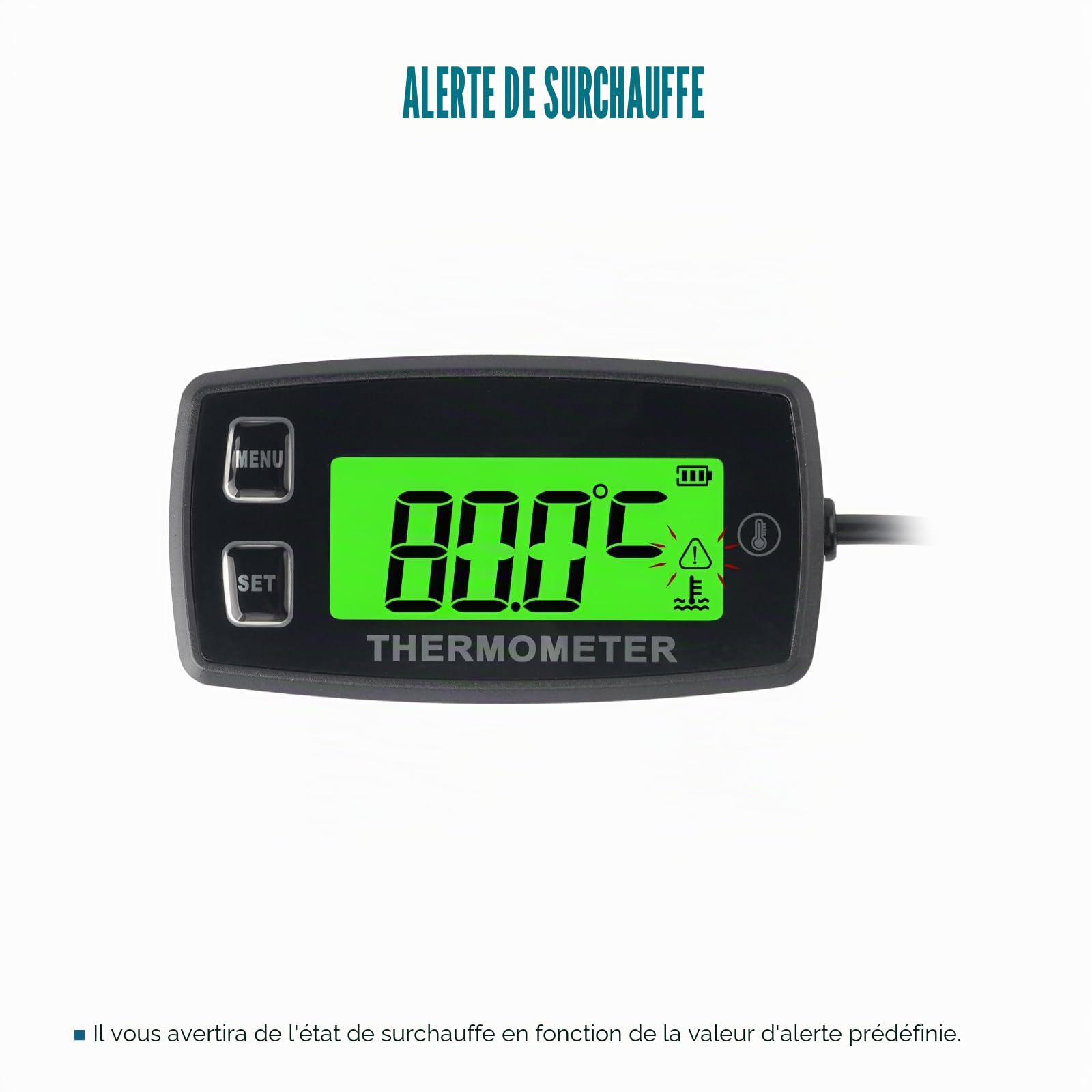 Jauge de température du moteur LCD numérique Runleader, alerte de surchauffe, rétroéclairage vert, batterie remplaçable pour moto générateur Dirtbike ATV hors-bord Motoneige marine