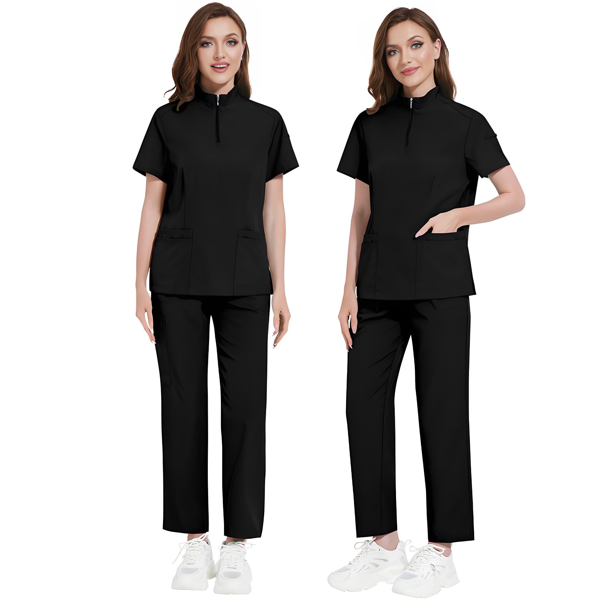 Conjunto de ropa quirúrgica médica para mujer, conjunto de ropa quirúrgica negra para mujer, conjunto de ropa quirúrgica para manos curativas para mujer (cremallera negra, M, M)