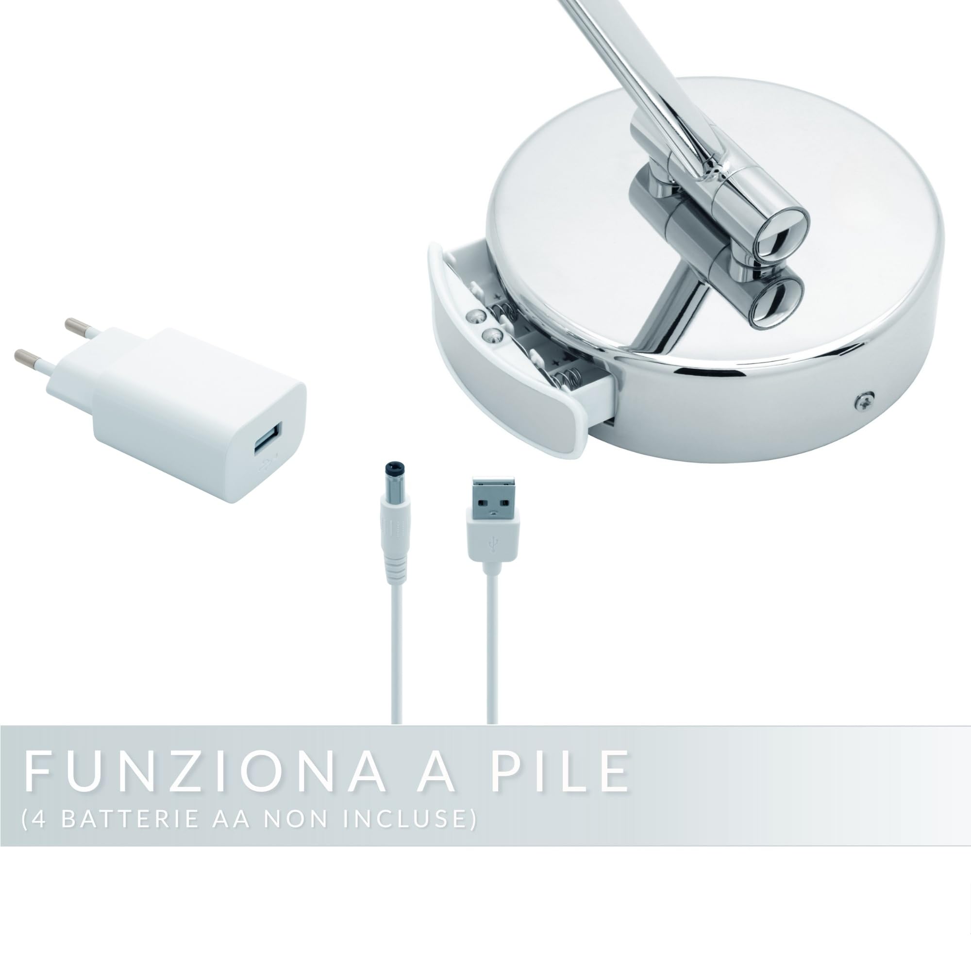Modena Specchio Ingranditore da Parete a LED – Specchio Trucco Girevole a 360° con Dimmer, Luce Naturale e Ingrandimento per Make-up e Rasatura (5x / 10x USB/batteria)