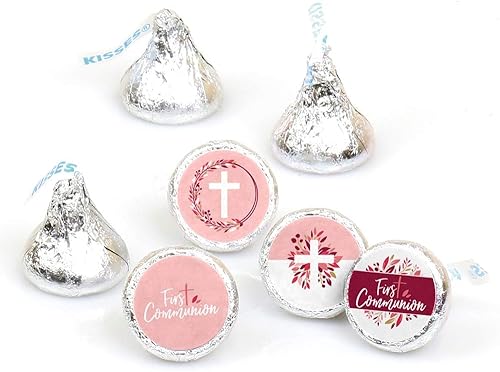 Big Dot of Happiness First Communion Pink Elegant Cross - Adhesivo redondo para fiesta religiosa para niñas, etiquetas para dulces de chocolate (1