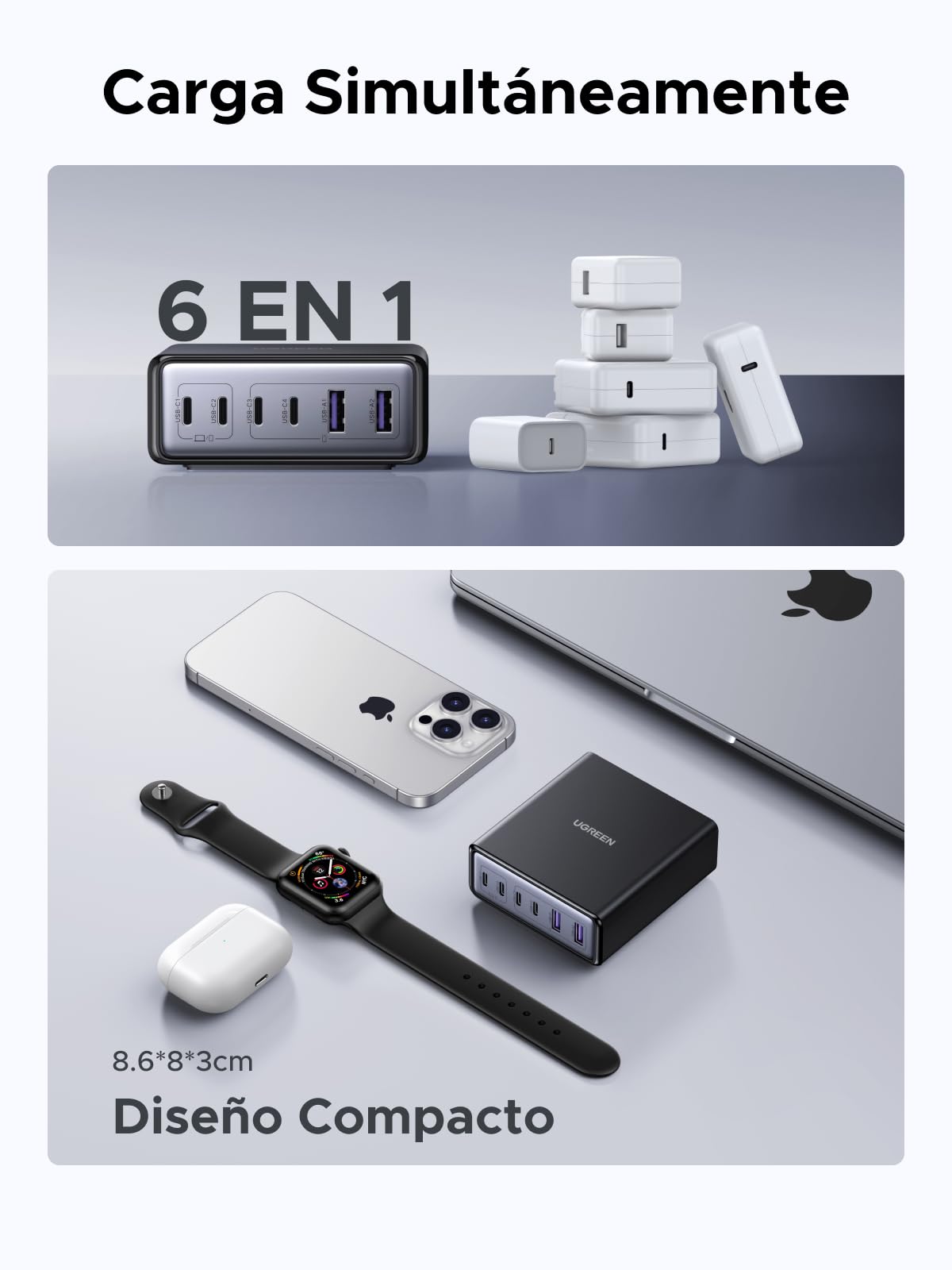UGREEN Zapix 100W Cargador USB C GAN Estación de Carga de Sobremesa | 6 Puertos PD 3.0 PPS 25W Carga Rápida Compatible con iPhone 17 Pro Max Air 16 15 Galaxy S26 S25 Pixel 10 iPad MacBook Air