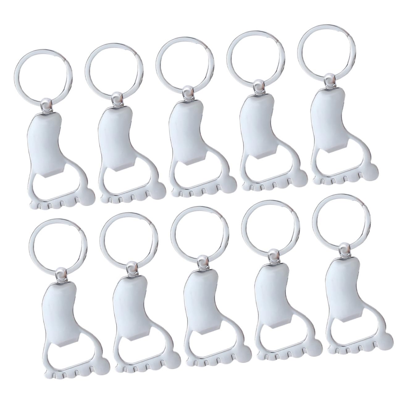 Ouvre-bouteille porte-clés en métal argenté en forme de pied pour club et camping lot de 10