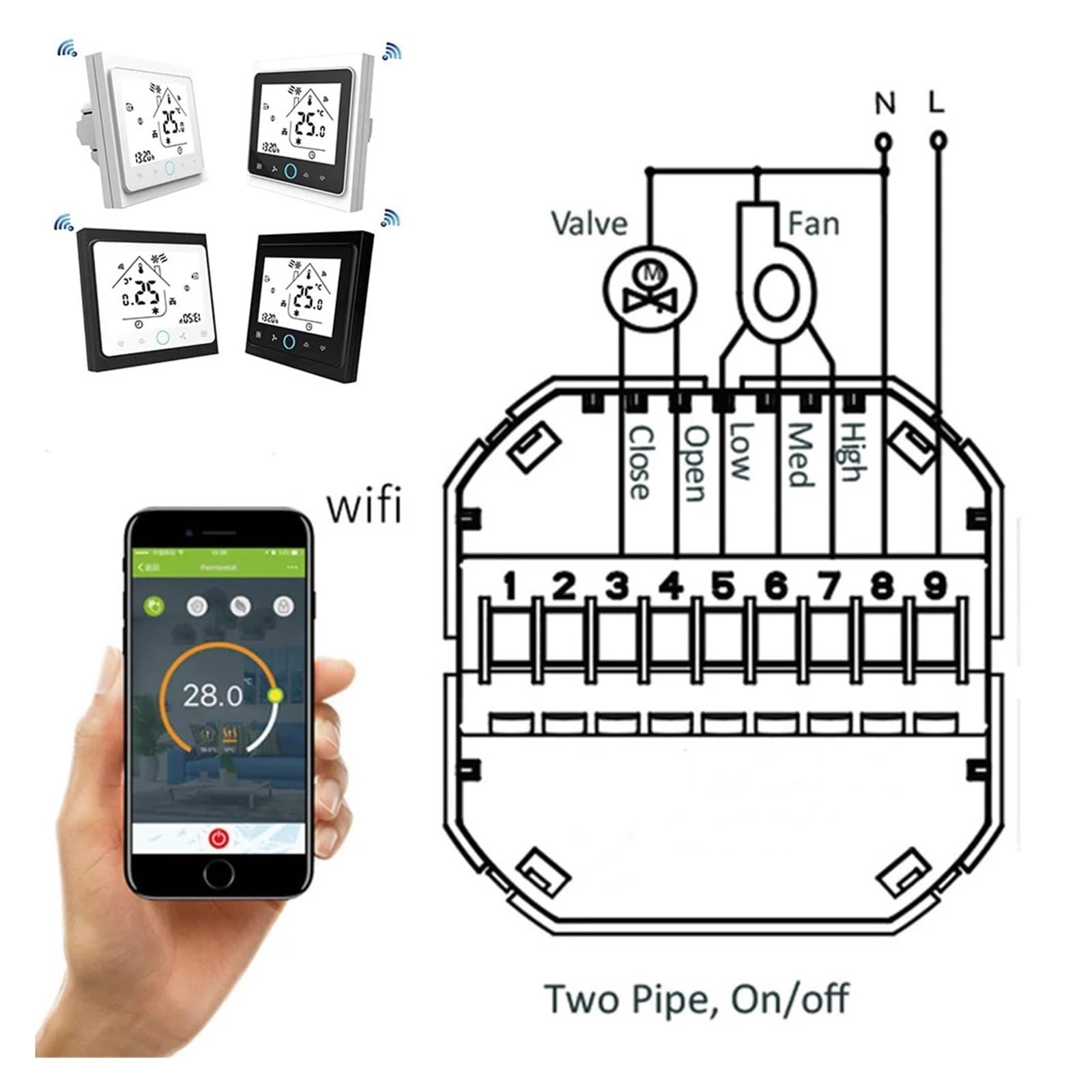 Termostat, 2 Szt. Inteligentny Termostat Wifi, Regulator Temperatury, Klimatyzator, Programowalny Z Rurkami(Black white)