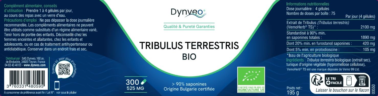 Tribulus Terrestris BIO 90% Saponines – Extrait Hautement Titré – Tonus, Libido & Performances - 525 mg - VemoHerb®TS - 100% Clean Label Sans Additifs - 300 gélules (2,5 à 5 mois) - Dynveo