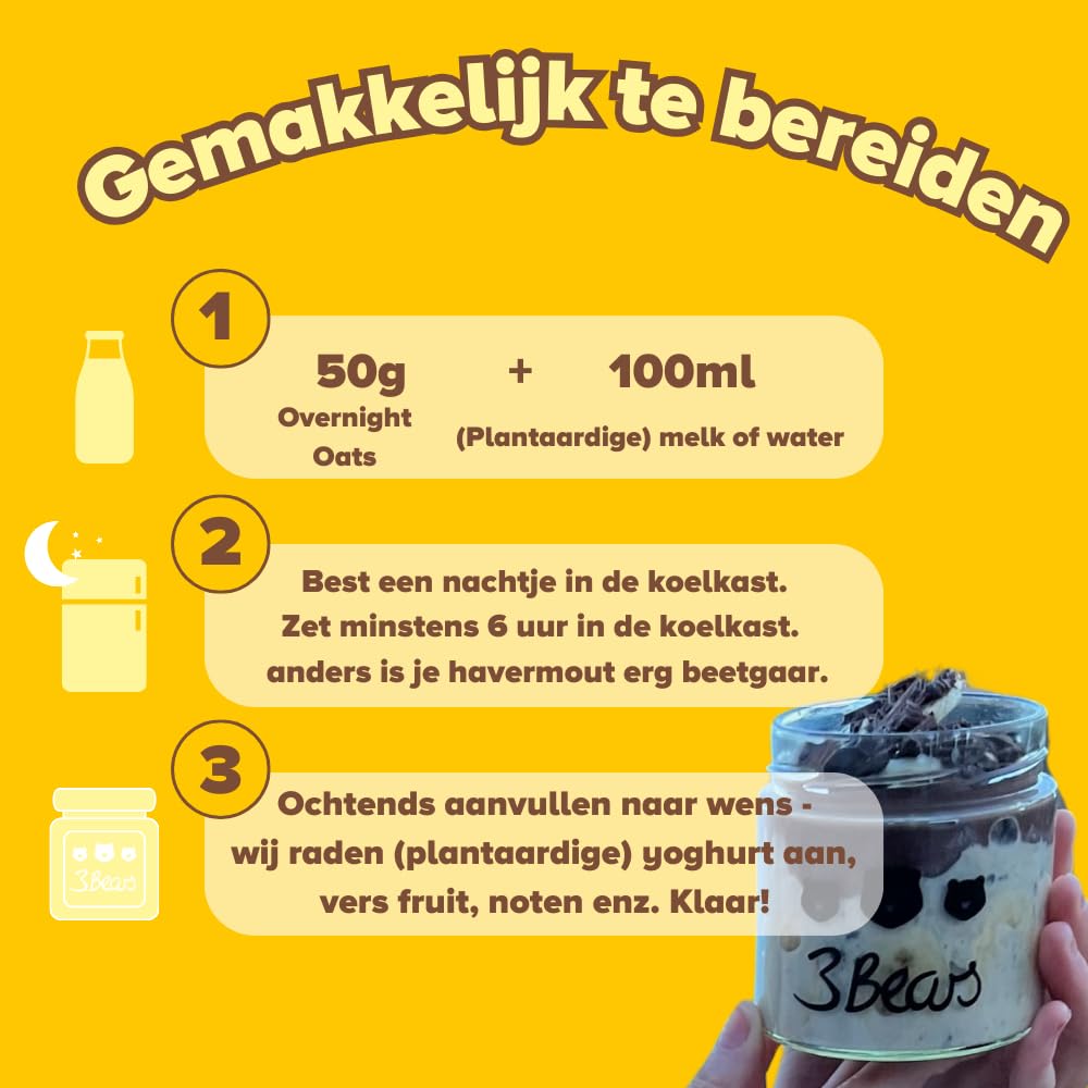 3Bears Overnight Oats Banana Split I 4 bustine di porridge vegano da 400 g con avena integrale I Colazione deliziosa, per una notte in frigorifero I Porridge per la colazione senza zucchero, preparato