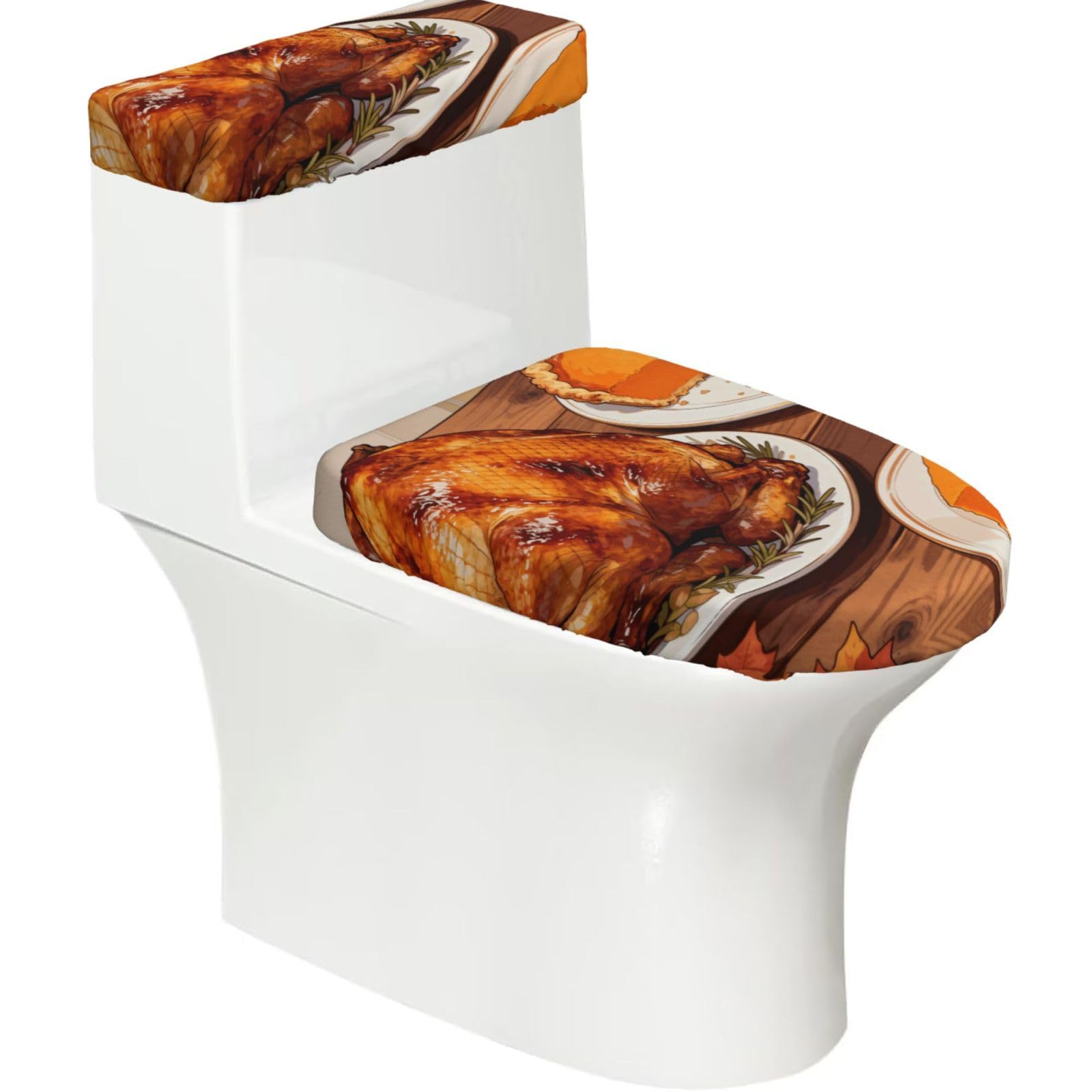 Cntdbu Black Turkey Pie Elastic Toilet Cover Set Of 2-Stretchy Lid And Tank Covers For Bathroom, Soft Washable U Shape Toilet Decor