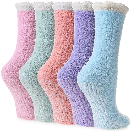 Image of Yebing Non Slip Hospital Socks for Women with Grips Fuzzy Cozy Anti Skid Slipper Socks Winter Warm Soft Fluffy Sleep Socks