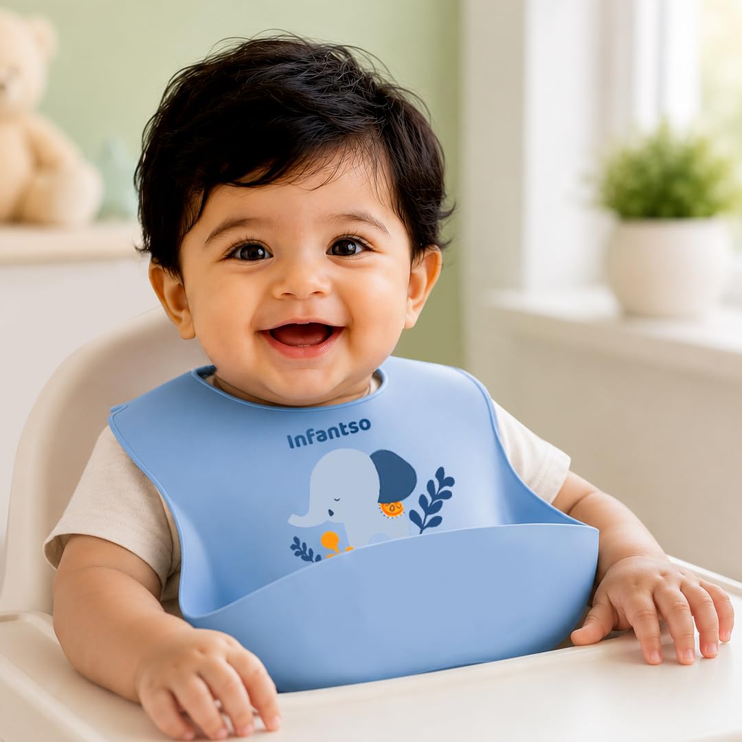 Infantso Silicone Baby Bibs (2pcs) Ultra Light Premium Silicone for Feeding & Weaning Babies & Toddlers, Waterproof, Washable & Reusable, Non Messy Easy Cleaning, No Odour, Adjustable Button Neckline-image-16