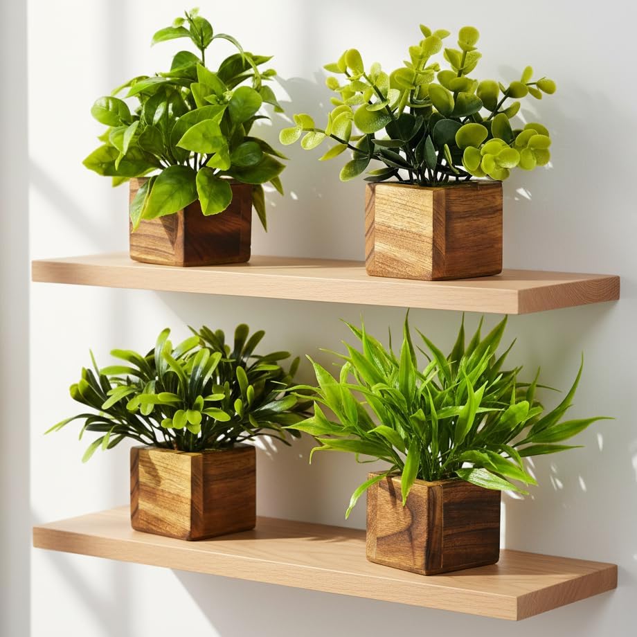 DecoreBugs Artificial Greenery Leave Set in Wooden Pot (4 Pack) Mini Potted Plants for Home Decor, Office Desk, Shelf Decoration, Indoor Small Fake Eucalyptus