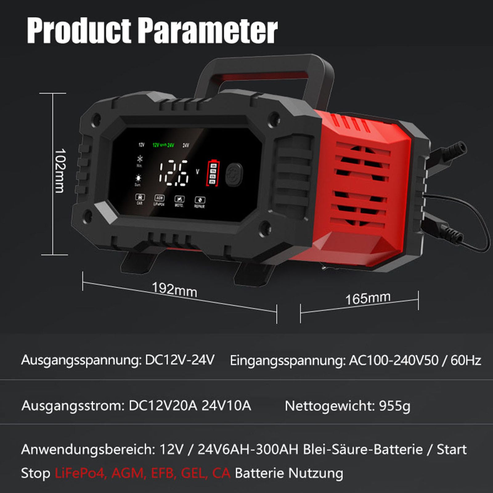 Ładowarka do akumulatora samochodowego 20 A, 12 V, 24 V, w pełni automatyczna ładowarka LiFePO4, ładowarka naprawcza, ładowanie impulsowe, odsiarczanie 20 A, 10 A, prąd ładowania, ładowanie