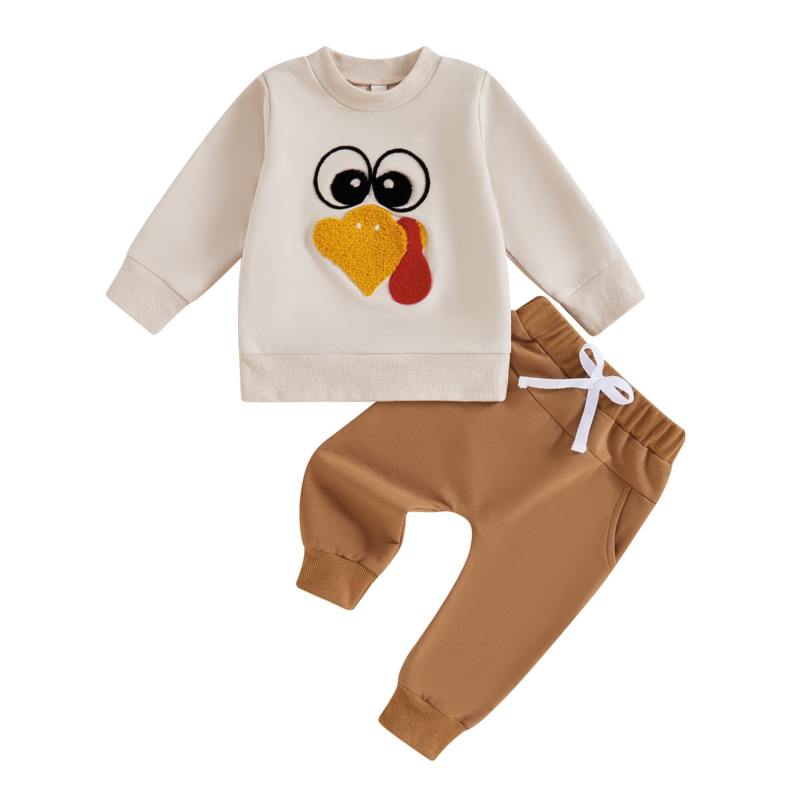 CHAUKAREAUL Baby Boy Thanksgiving Outfit Turkey Embroidery Long Sleeve Sweatshirt Shirt Jogger Pants Set Infant Clothes (Khaki, 3-6 Months)