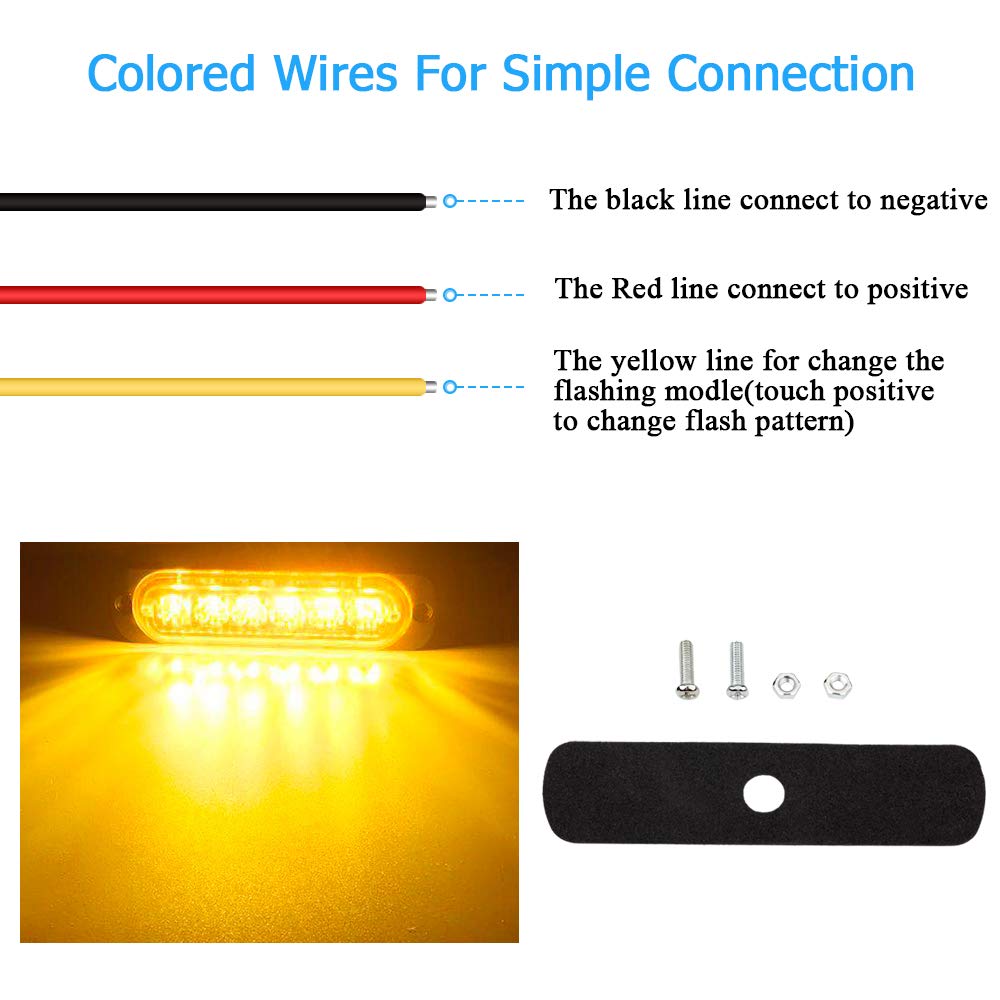 4pcs 12-24V Ultra Sottile Lampeggiante Emergenza Avvertimento Strobo Luci Luce - 6LEDS Flash Warning Light Bar - Auto Moto Truck-Ambra