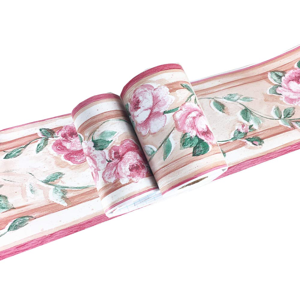 Wdragon Pink Floral Wallpaper Border Peel Stick Wall Decal Sticker Bathroom Kitchen Ceiling Backsplash Tiles Border,Waterproof Removable 10Cm By 10Meters