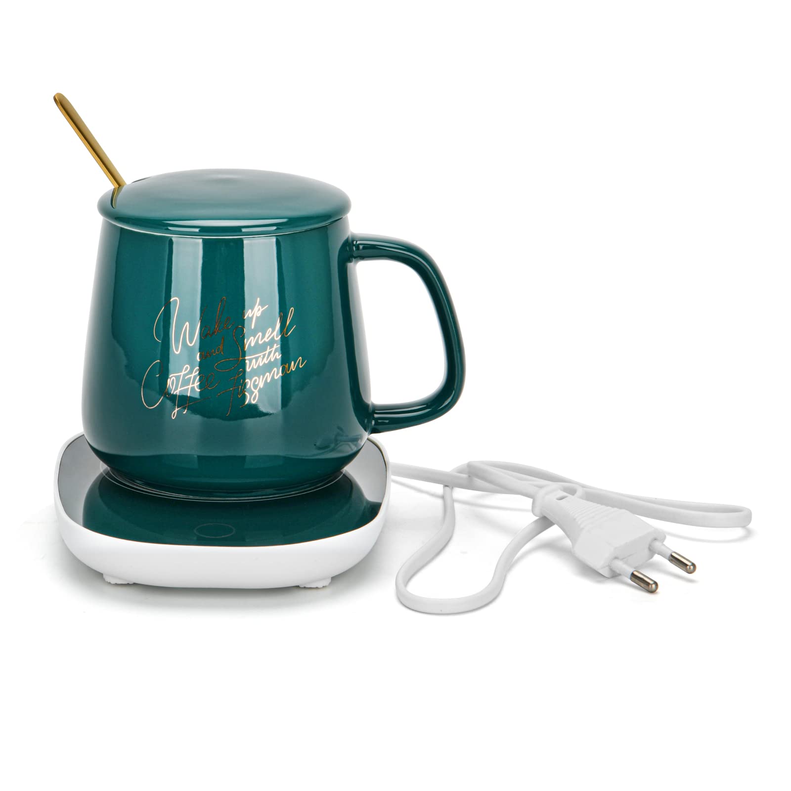 Fissman Coffee Mug With Warmer Gift Set, Cup With Heater And Spoon, with Constant Temperature, Ceramic Mug, For Milk, Hot Water With Tea, Milk, Hot Chocolate, Lemon and For Coffee Lover (Green)