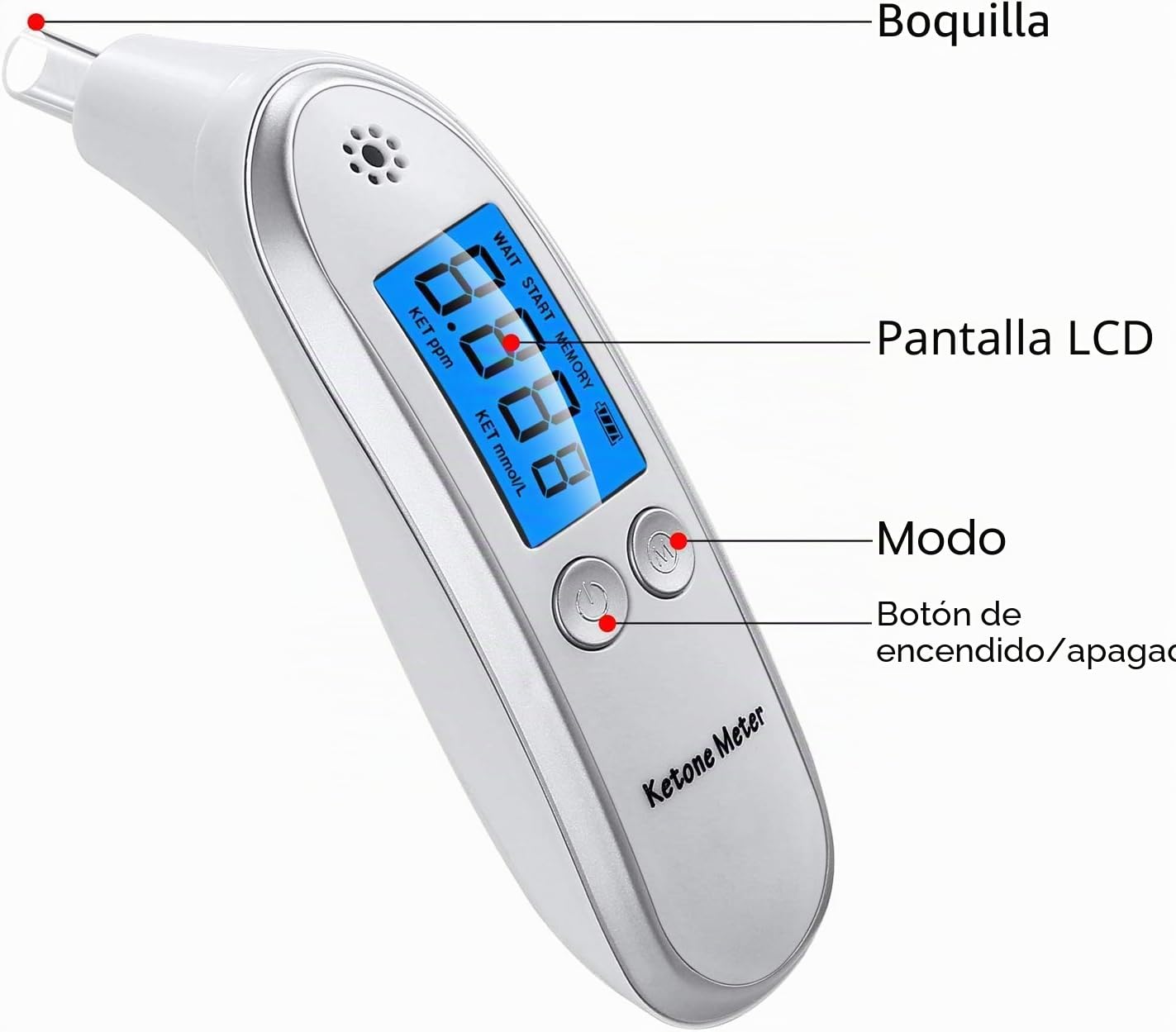 Medidor de cetona profesional, analizador digital avanzado de cetonas y comprobador de cetosis, resultados inmediatos, probador de aliento portátil para pruebas de cetosis con 10 boquillas