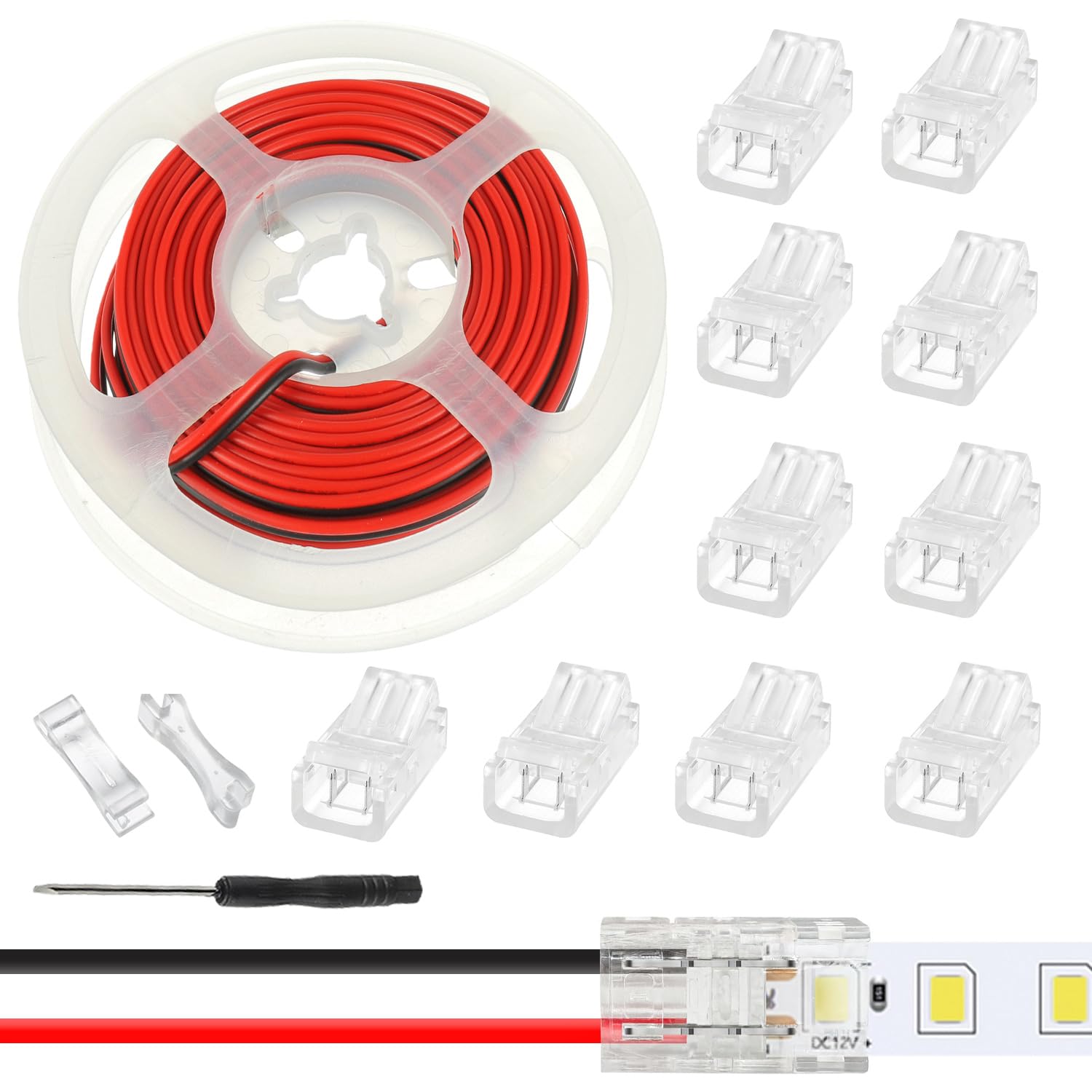 JAMHER 10 Pack LED Strip Connector RGB Lights Adapter Lighting Pin Connectors Clear Unwired Gapless Track Lighting Connector with 5M/16.4ft Cable(2 PIN 8 MM)
