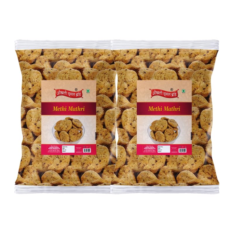 Image of OKHLI MUSAL BRAND Ready to Eat Evening Tea Time Snacks Whole Wheat Ajwain Methi Mathris Wheat Mathri | Healthy | Crispy Indian Namkeen Sweet Snacks | Made In Healthy Ground Peanut Oil-900g*2Pack