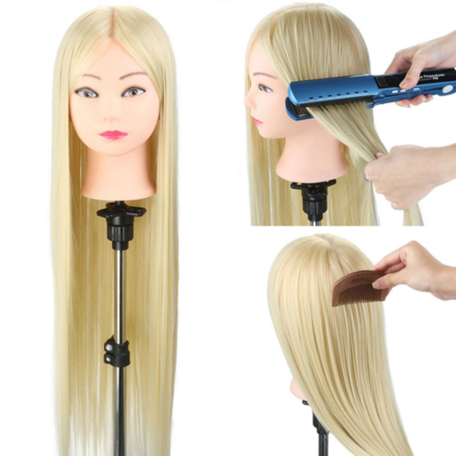 Perücke Mannequin Head Echtes Haar Mannequin Heads 65cm/26in mit Kleinem Ständer für Haarstyling, Friseurausbildung, Flechten-1B#