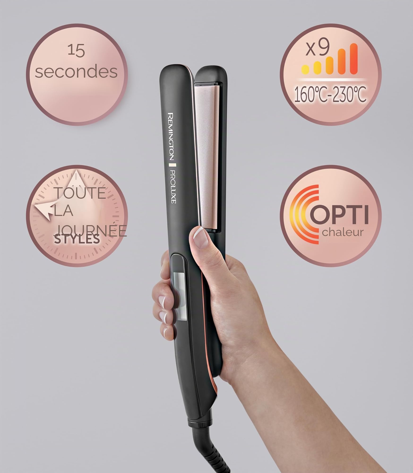 Remington Lisseur Cheveux [Plaques en céramique étroites 110 mm] PROluxe Midnight (Technologie OPTIheat, réglage Pro+, coiffage en Douceur, écran LCD, Mise en température Rapide) Fer à Lisser S9100B