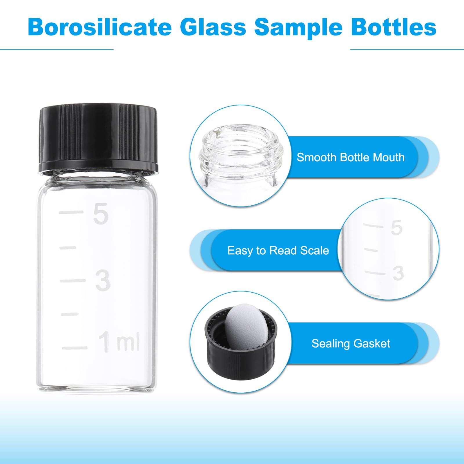 PATIKIL 4pz 5ml Piccoli Viali Vetro Trasparente con Tappo a Vite Nero, Bottiglie Campionamento Graduato Vetro Borosilicato Conservare Solidi Liquidi e Polveri