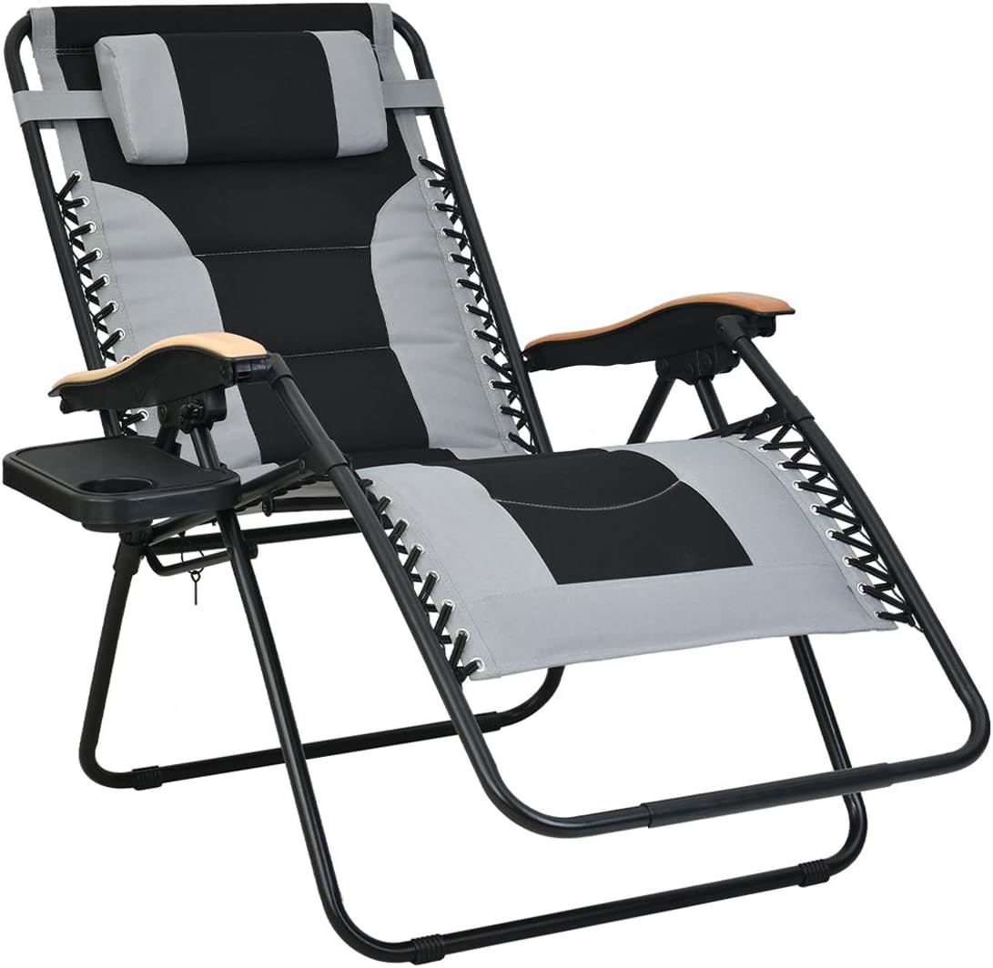 Patio Watcher Oversized Padded Zero Gravity Lounge Chair Patio Foldable Adjustable Reclining Chair with Cup Holder and Removable Pillow for Outdoor Yard Porch 1 Chair