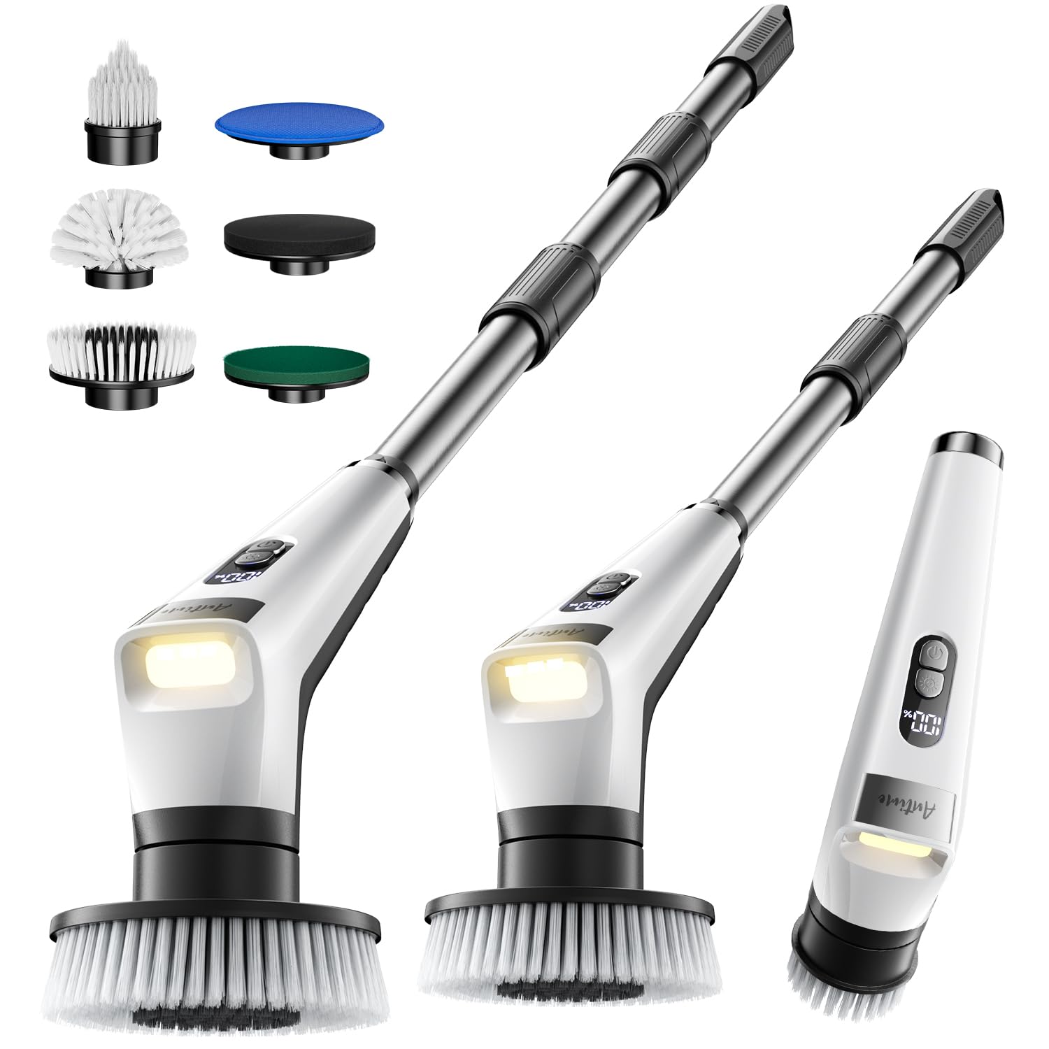 Antime Electric Spin Scrubber with LED Light IPX8 Waterproof Cleaning Brush with LCD Display 5 Replaceable Brush Heads