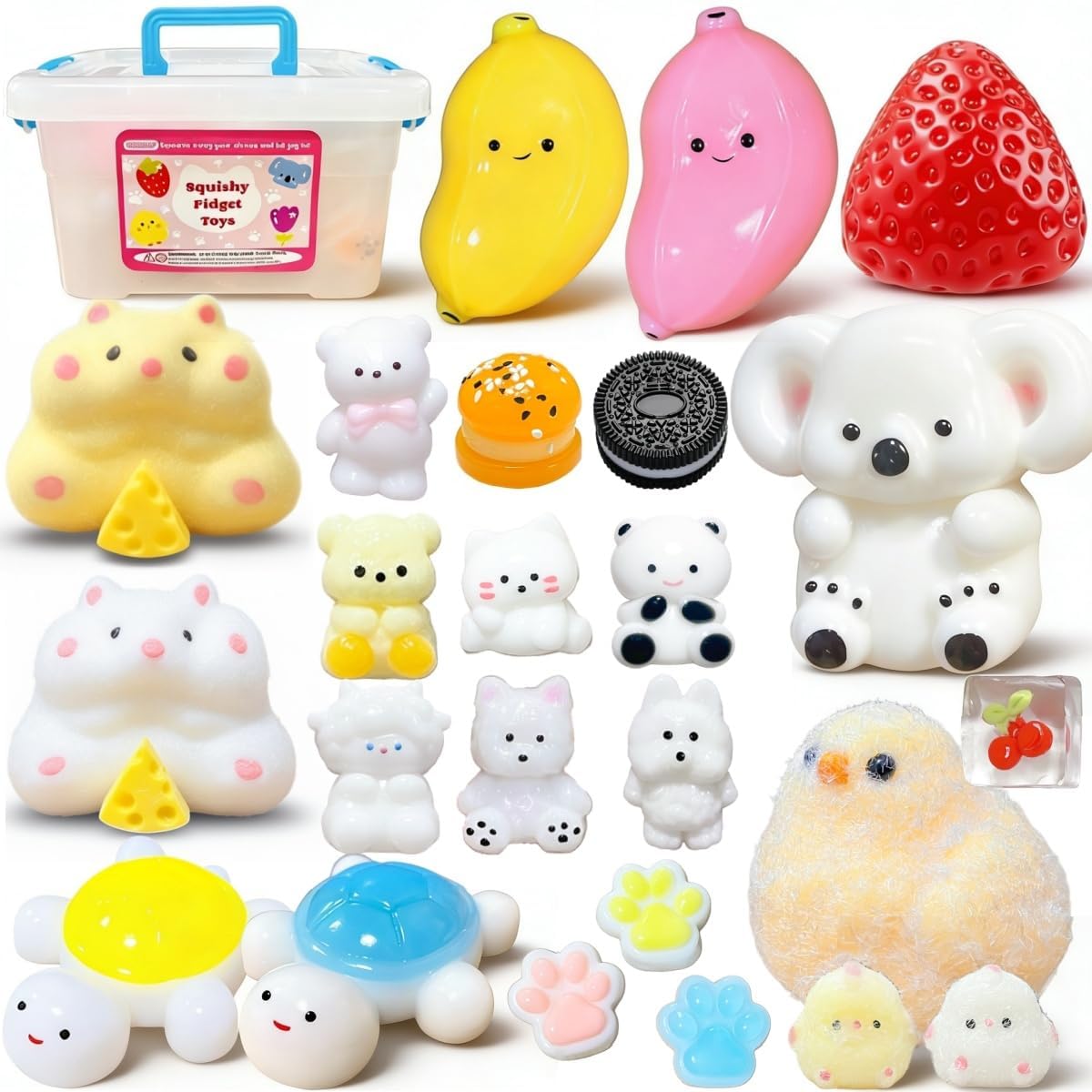 24 Pack Squishy Toys Kit, Ultra-Soft Squishies with Keychain & Storage Box, Sticky Squishy Sensory Squeeze Toys, Include Hamster, Strawberry, Chick Squishies for Stress Relief Party Favors