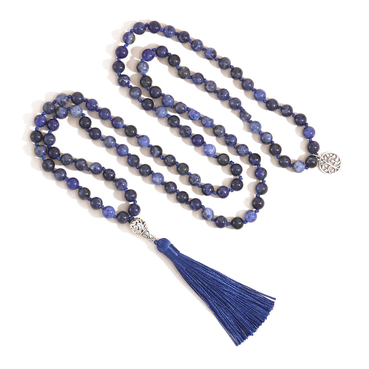OAIITE 108 Mala Beads Semi-Precious Gem Stones Japa Mala Beaded Tassel Necklace with Tree of Life Pendant