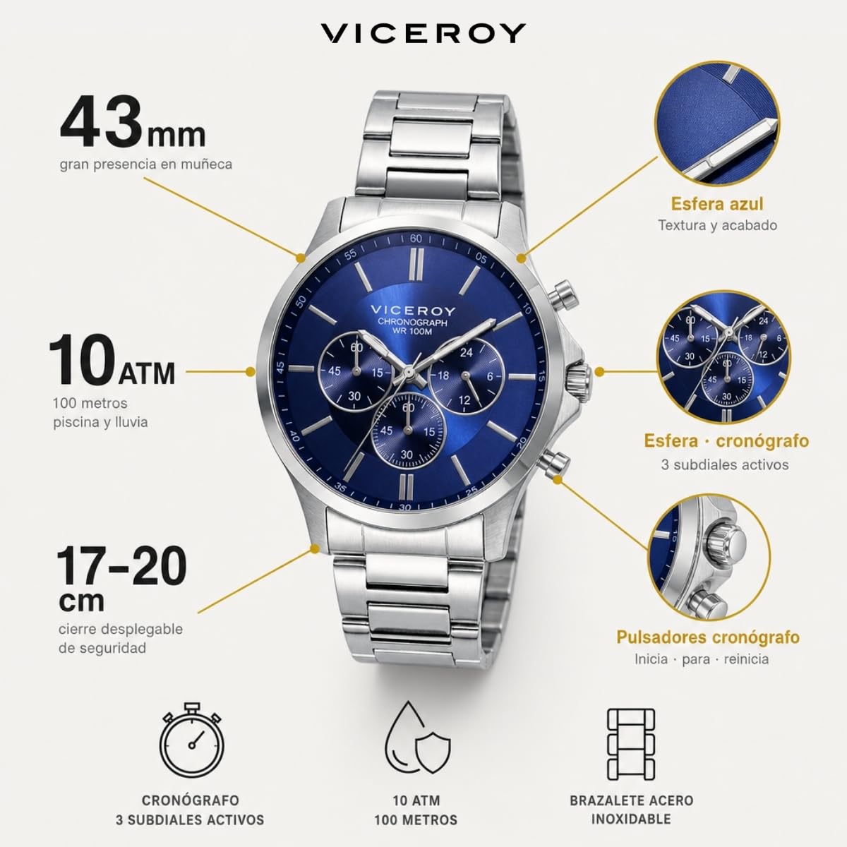 Viceroy Reloj Hombre Elegante para Vestir de Acero Inoxidable - 43 mm - Movimiento de Cuarzo - Esfera Azul - Bisel Dorado - Resistente al Agua 10 ATM - Colección Dress – 401291-37