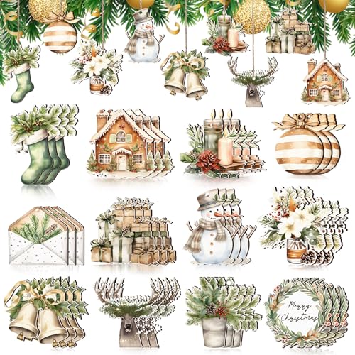 Huwena 36 Pcs Neutral Winter Ornaments Wooden Christmas Ornament for Xmas Tree Farmhouse Gnome Wood Cutouts Tags with Ropes Holiday Christmas Winter Decorations for Home Xmas Tree Gifts(Stylish)
