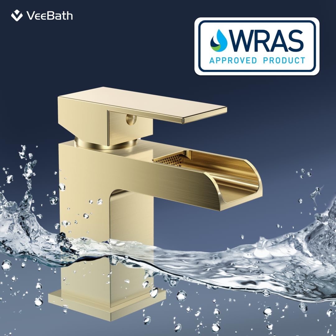VeeBath Kinetic Square Waterfall Basin Mixer, Modern Brushed Brass Finish, Single Lever Control - Image 4
