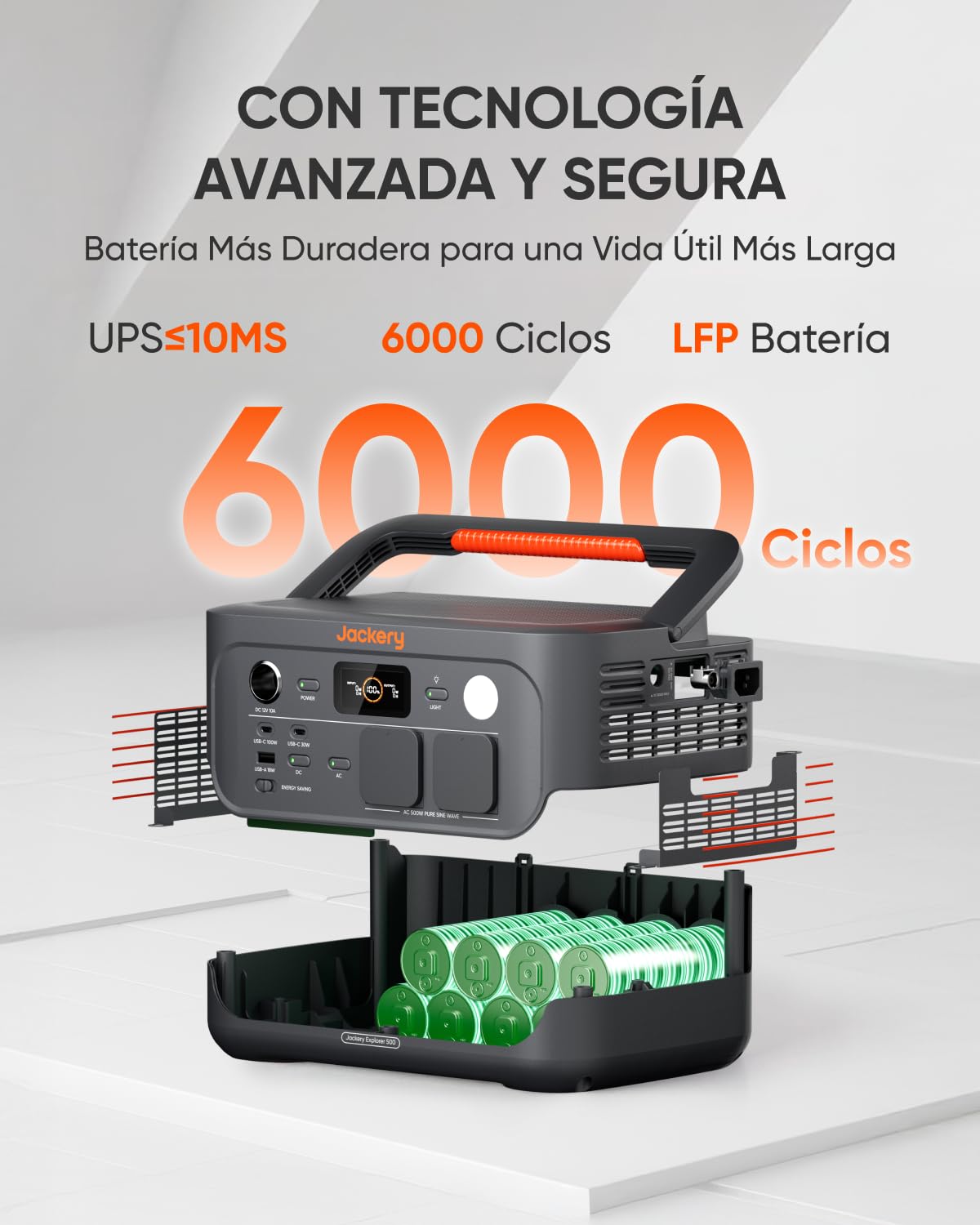 Jackery Explorer 500v2 Estación de Energía Portátil, 512Wh/500W(Max 1000W) Batería de LiFePO4, SAI≤10ms, 2 CA & 2 PD USB-C Salidas, 1,3H Carga Completa, Generador Solar para Camping, RV y Emergencia
