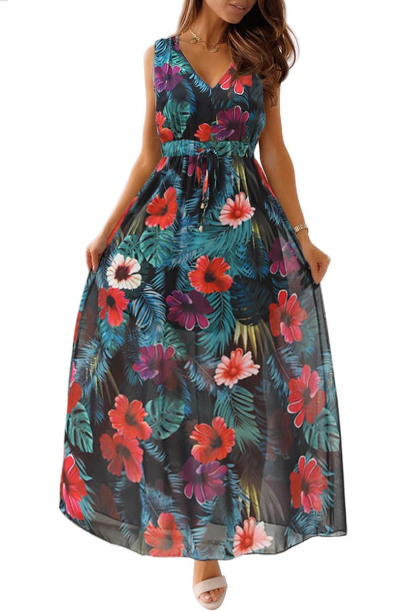CheChury Damen Kleidlang Elegant Boho Blumenkleid Sommerkleid Strandkleider Ärmellos V-Ausschnitt Casual Sommer Blusenkleid Mode Freizeitkleider Elegant Freizeitkleid für Hochzeitsgäste