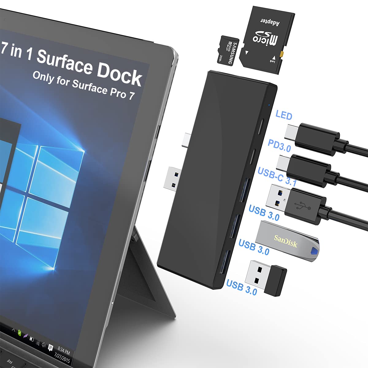 Surface Pro 7 Docking Station, Takya Surface Pro Docking Station, 3 USB 3.0 Ports, 1 USB C Port, 1 60W PD Port, SD & TF/Micro SD Memory Card Reader, Surface Pro Dock for 7