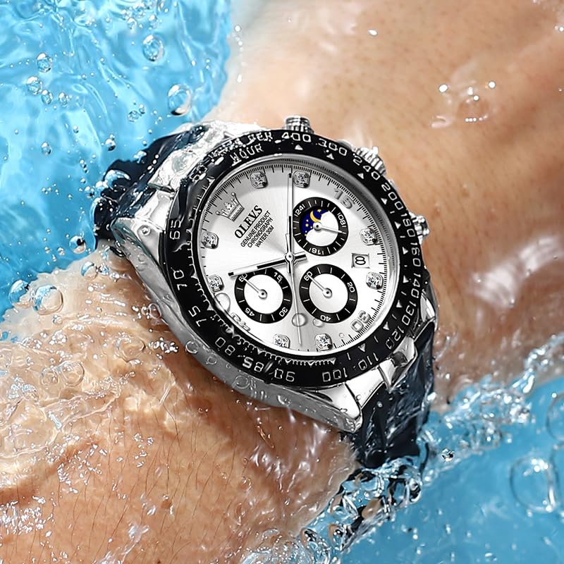 Image of OLEVS Watches for Men Business Diamond Moon Phase Male Watch Chronograph Fashion Dress Waterproof Date Analog Quartz Waterproof SiliconeMen Wrist Watch