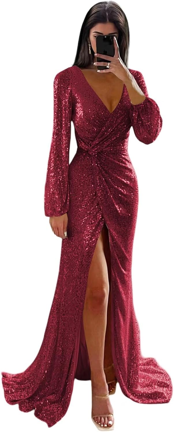 Long Sleeve Sequin Prom Dress 2026 Mermaid V Neck Pleats Formal Evening Gowns with Slit