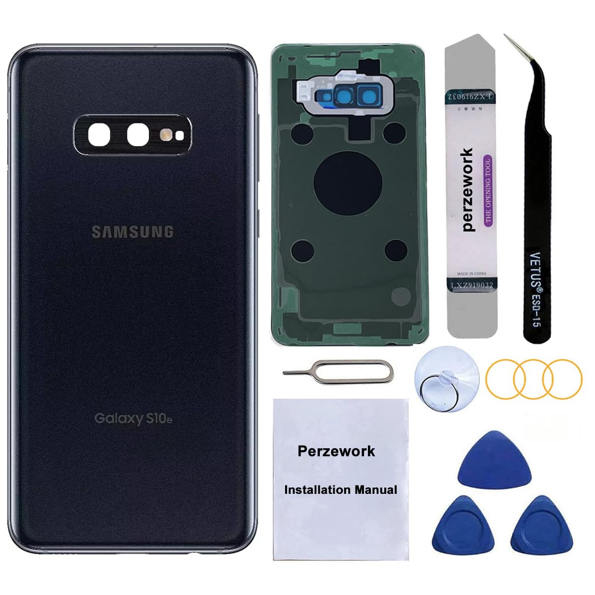 Perzework Rear Back Glass Replacement for Samsung Galaxy S10+ Plus with Reparing Tool kit and Pre-Installed Adhesive (Prism Black)