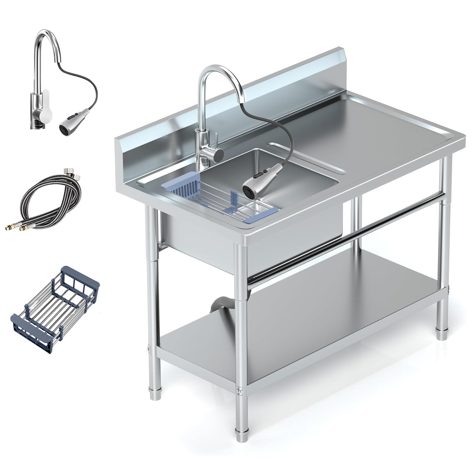 39" Commercial Stainless Steel Utility Sink, Single Bowl Freestanding Kitchen Sink with Hot &amp; Cold Water Faucet, Drain Kit &amp; Hoses for Restaurant, Laundry Room, Garage