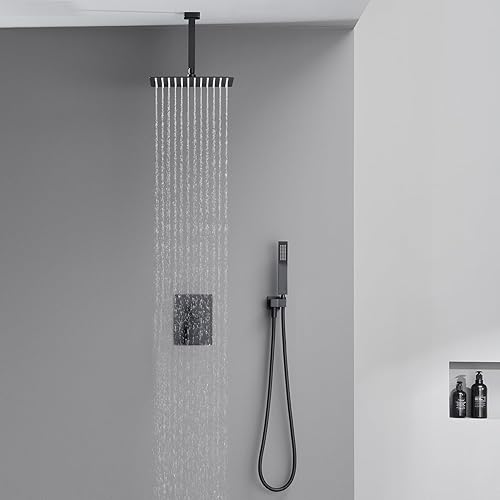 Miniatura 3 de Sistema de ducha de 12 pulgadas, juego combinado de ducha de lluvia negro para montaje en techo, grifos de baño con cabezal de ducha de lluvia y