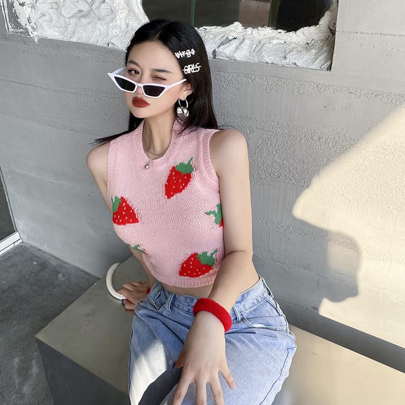 Kawaii Strawberry Knitted Sweater Vest Soft Girl Aesthetic Cute Cropped Pullover Sleeveless Tops3