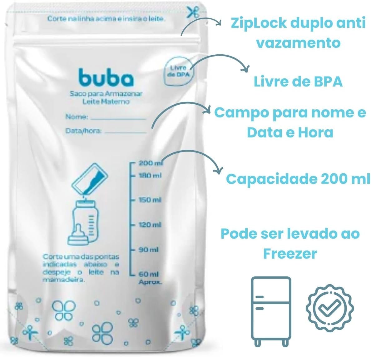 Saco Para Armazenar Congelar Leite Materno Buba 25 Unidades