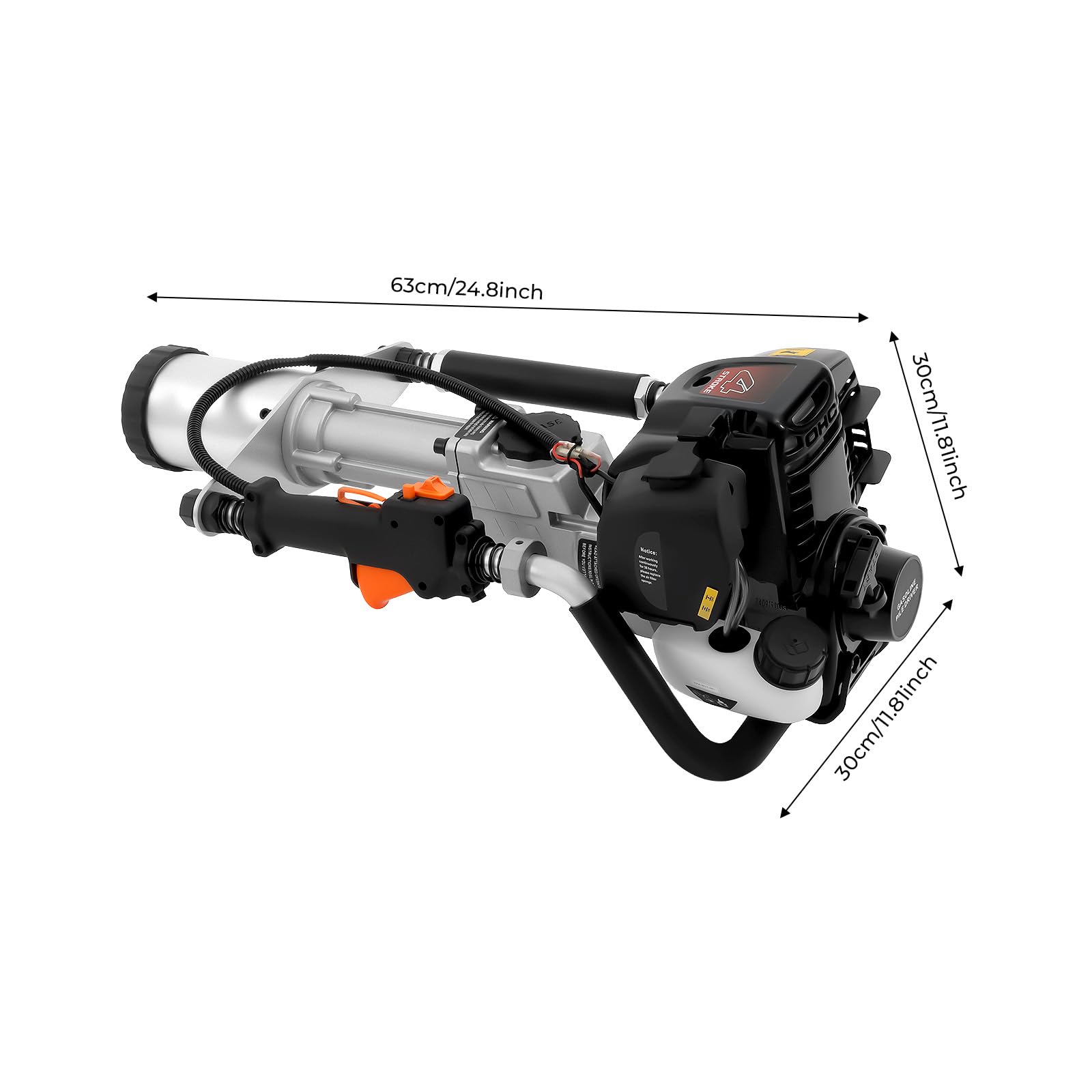 Pistola de gasolina de 1200 W portátil con motor de 4 tiempos, tanque de clarificación de 0,65 l y 2 cabezales de pilote (φ45/55 mm) para construcción, horticultura y agricultura